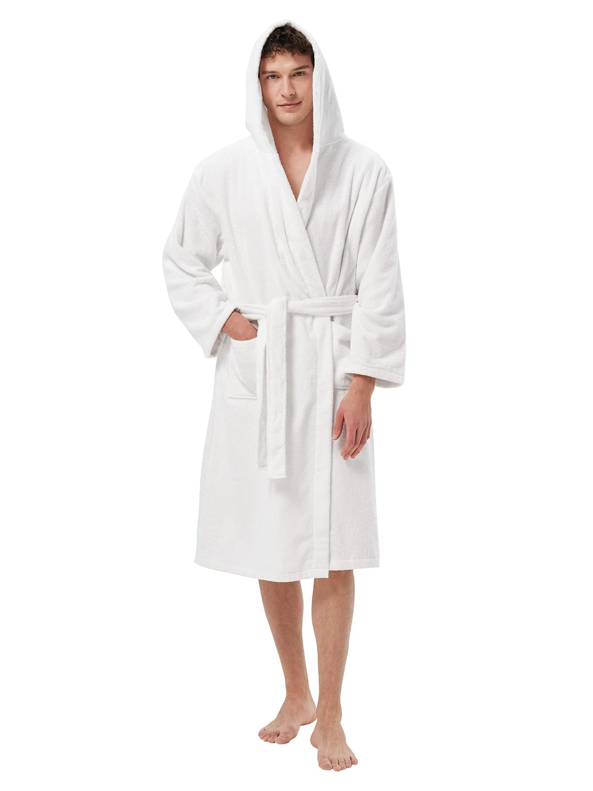 SIORO Mens Terry Bath Robe, Plush Hooded Cotton Cloth Knee-Length Robes for Spa, Shower, Soft Towel Bathrobes with Pockets