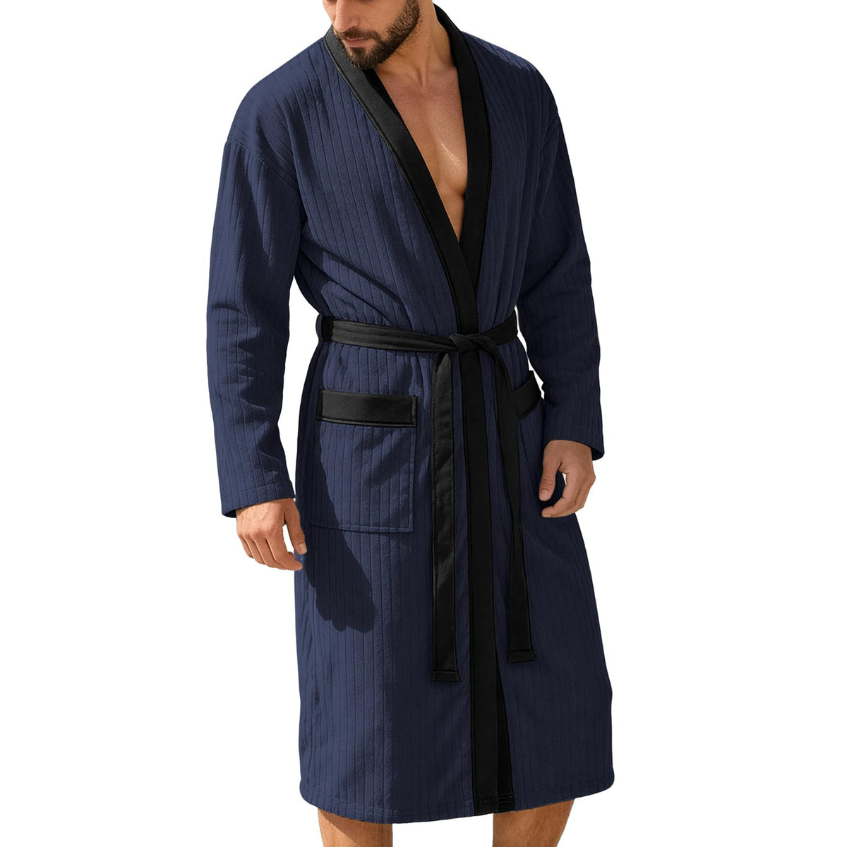 Mens Robes Lightweight Mid Length Summer Robe Comfy Soft Dude Robe with Pockets Long Sleeve Kimono Bathrobe Sleepwear