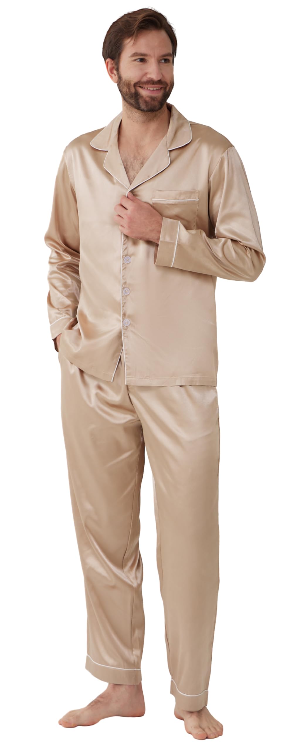 YIMANIE Mens Pajamas Silk Satin Pajamas for Men Soft Sleepwear Button Down Loungewear with Pockets