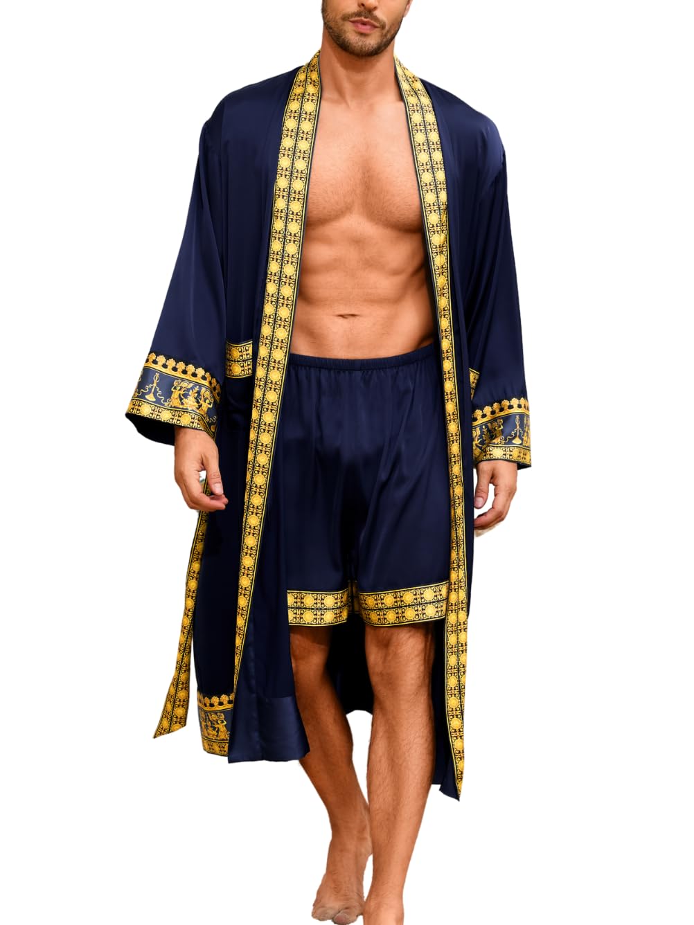 ChiaoLezhee Men's Luxury Silky Robe & Shorts Set, 2PC Lightweight Satin Pajamas with Pockets, Opulent Baroque Kimono Gifts