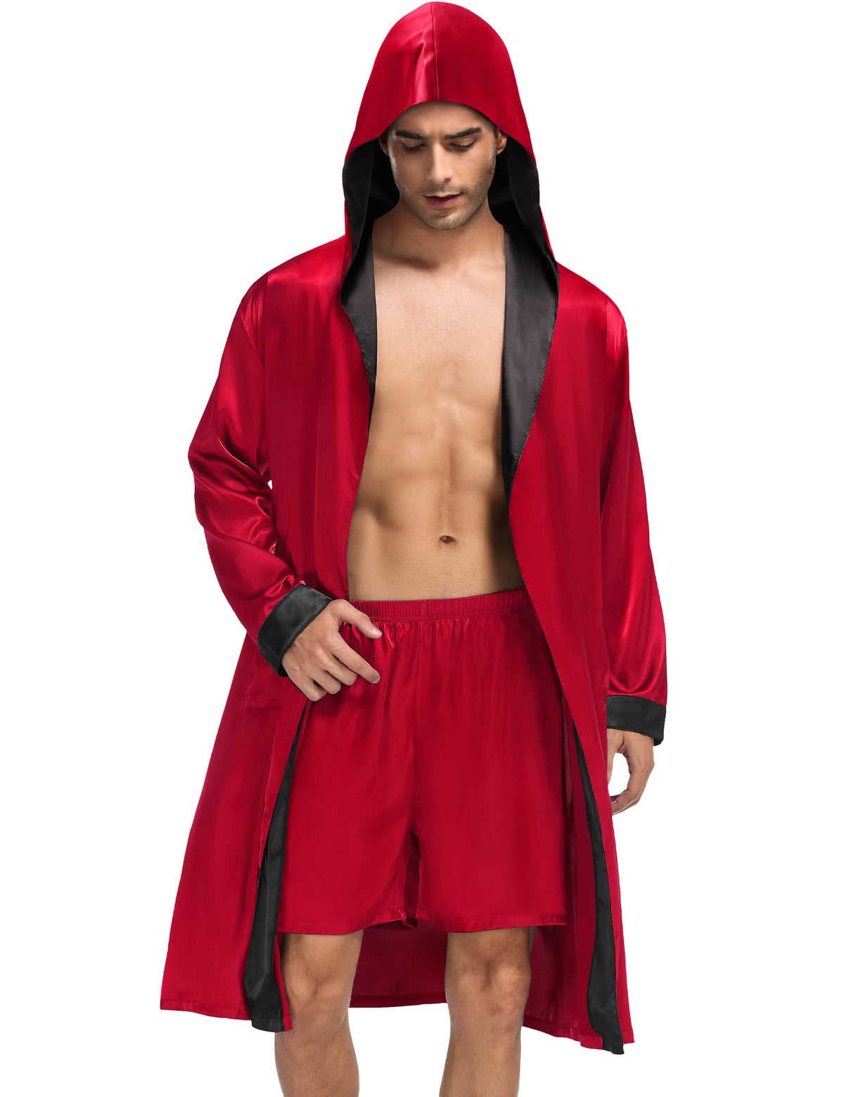 SWOMOG Mens Hooded Robe Satin Bathrobe with Shorts Set Silky Kimono Robe with Hood