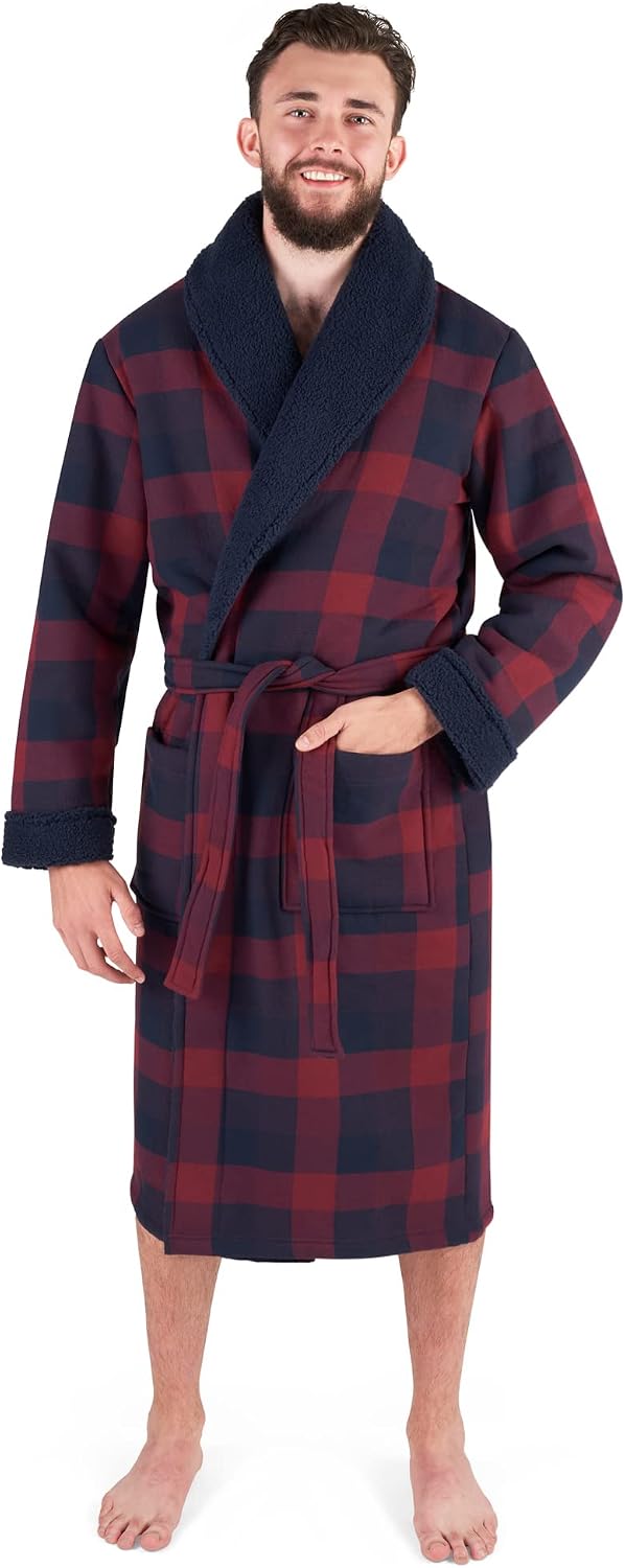 John Christian Men's Bonded Fleece Robe, Blue Check