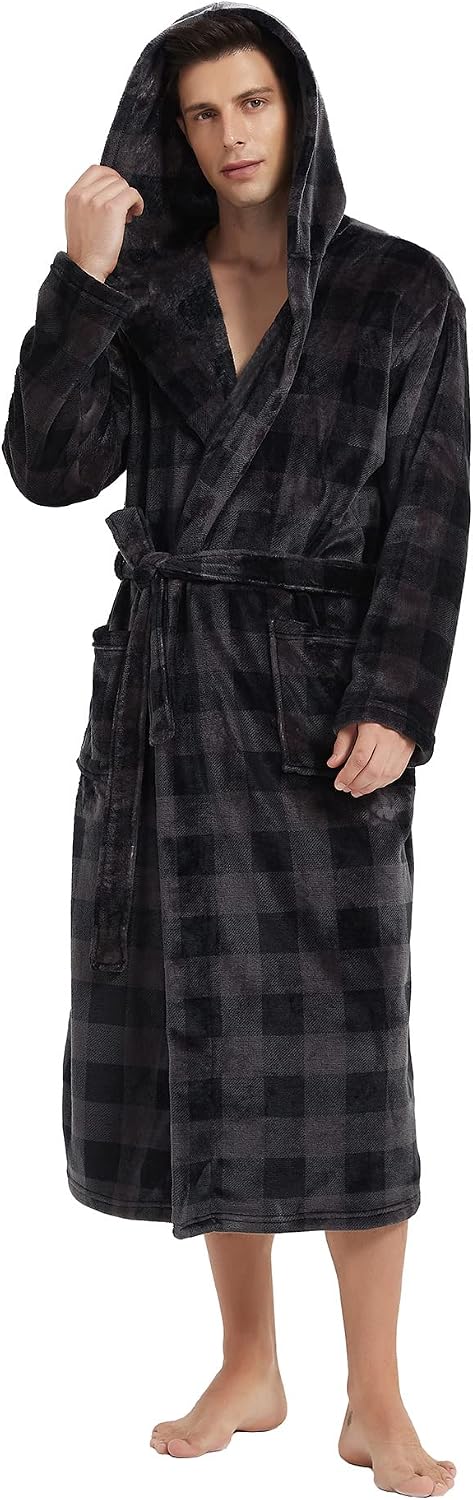 Vulcanodon Mens Robe with Hood, Fleece Bathrobe Plush Robes for Men