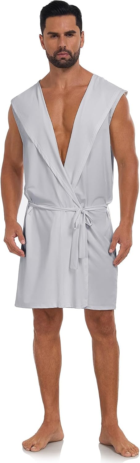 VintageClothing Men's Summer Robe with Hooded Lightweight Bathrobe House Kimono Sleeveless Sexy Sleepwear Pajamas