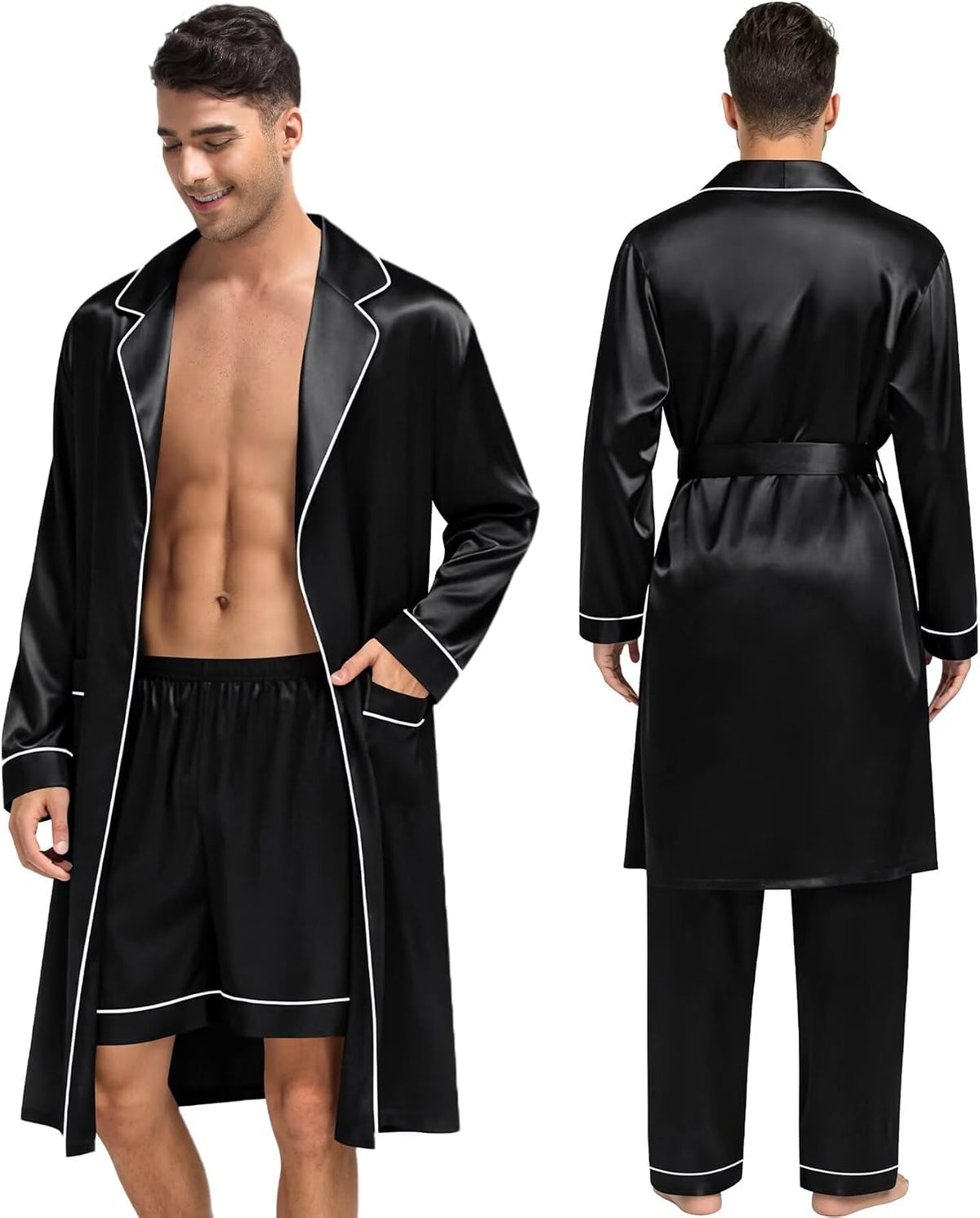 SWOMOG Men's 3 Pcs Robe Silk Satin Bathrobe with Shorts&Pants Set Soft Sleepwear Lightweight Loungewear