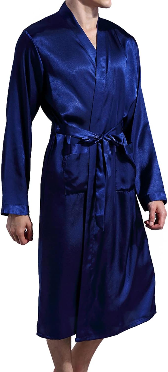 Previn Men's Satin Kimono Robe Long Spa Bathrobes Luxurious Silk Long Sleeve Loungewear