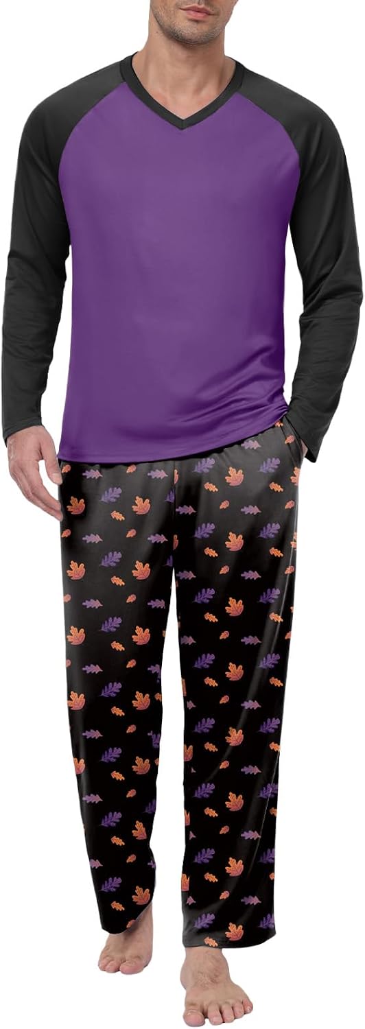 Feiersi Men's Pajama Set Soft Long Sleeve Pjs Sets V-neck Loungewear Shirts