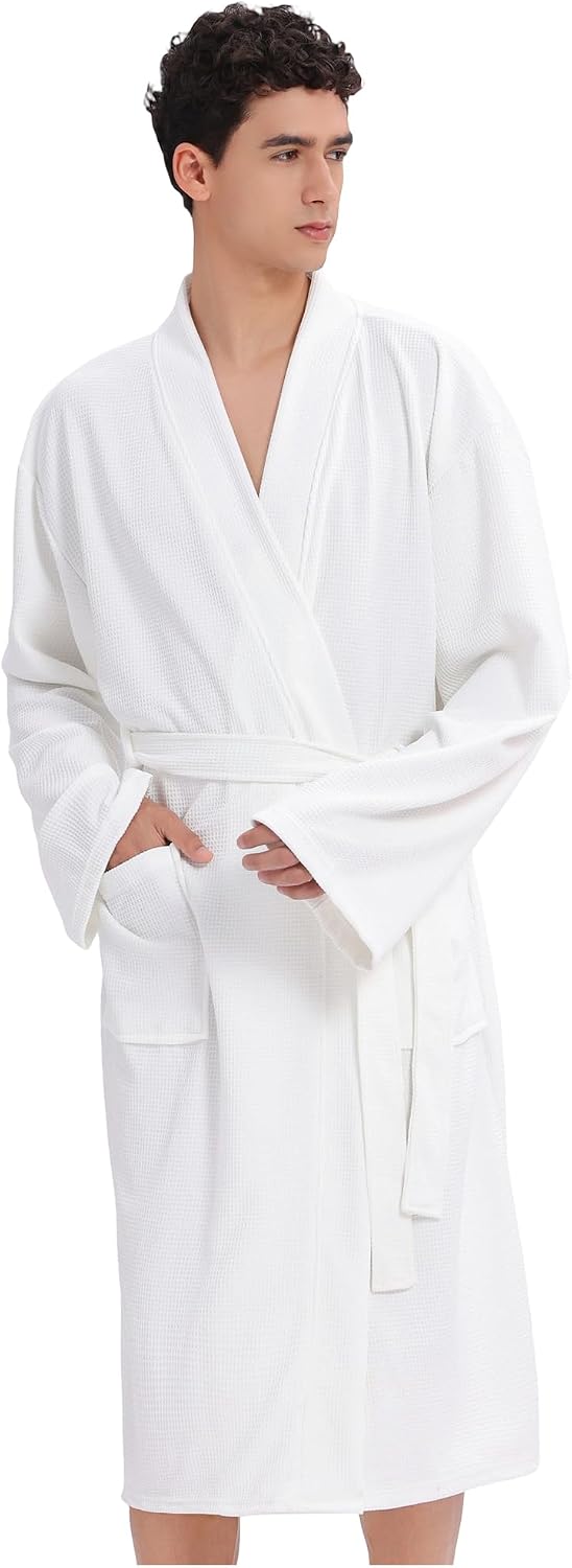 Mens Waffle Robe Spa Kimono Bathrobe Lightweight Shower Bath Robe Knee-Length Hotel Spa Robe