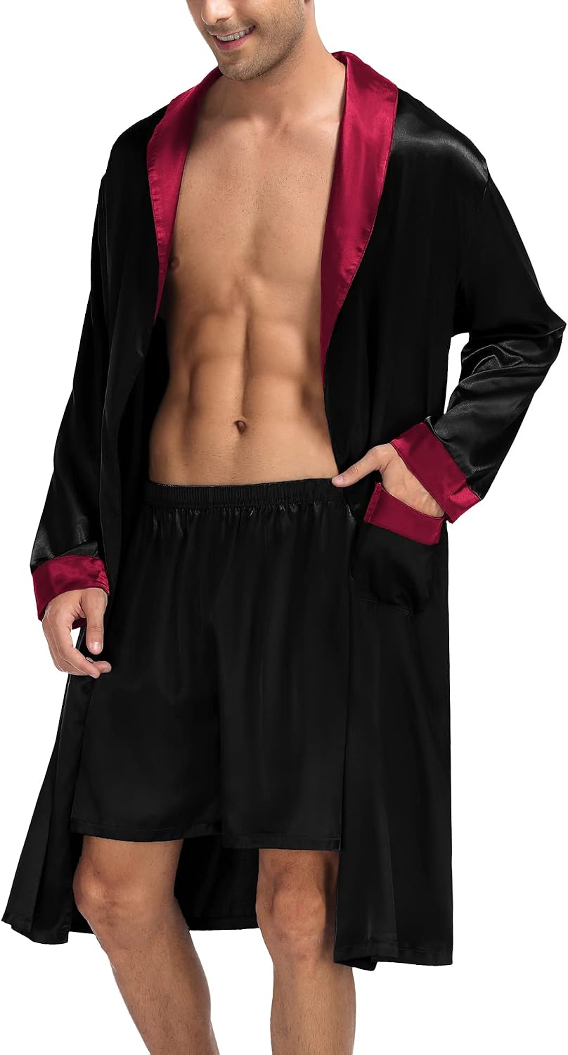 SWOMOG Men's Satin Robe with Shorts Set Silky Kimono Bathrobe Lightweight Soft Sleepwear