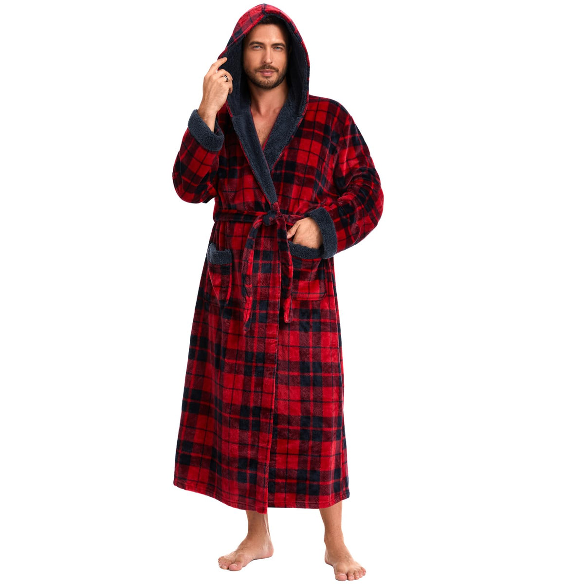 iniber Mens Hooded Robe, Soft Lightweight Plush Robes for Men, Warm Long Fleece Men's Bathrobe with Pockets