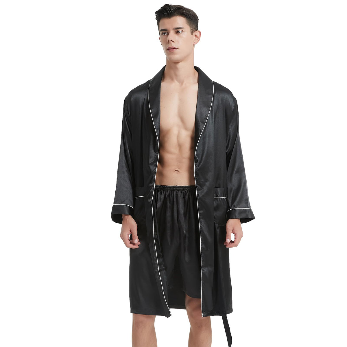 Haseil Men's Luxurious Kimono Robe with Shorts Silk Satin Bathrobes Lightweight Long Sleeve Sleepwear Set