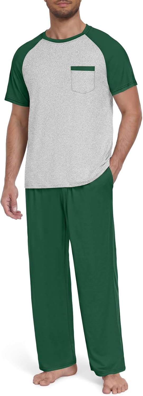 Yincro Mens Pajama Set Short Sleeve Pjs with Pocket Sleepwear Loungewear