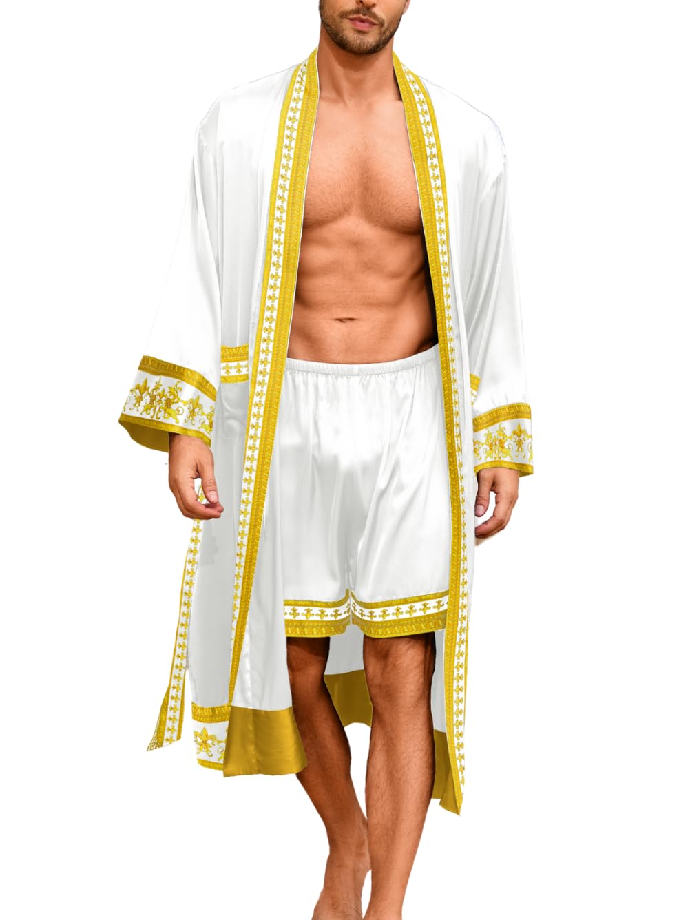 ChiaoLezhee Men's Luxury Silky Robe & Shorts Set, 2PC Lightweight Satin Pajamas with Pockets, Opulent Baroque Kimono Gifts