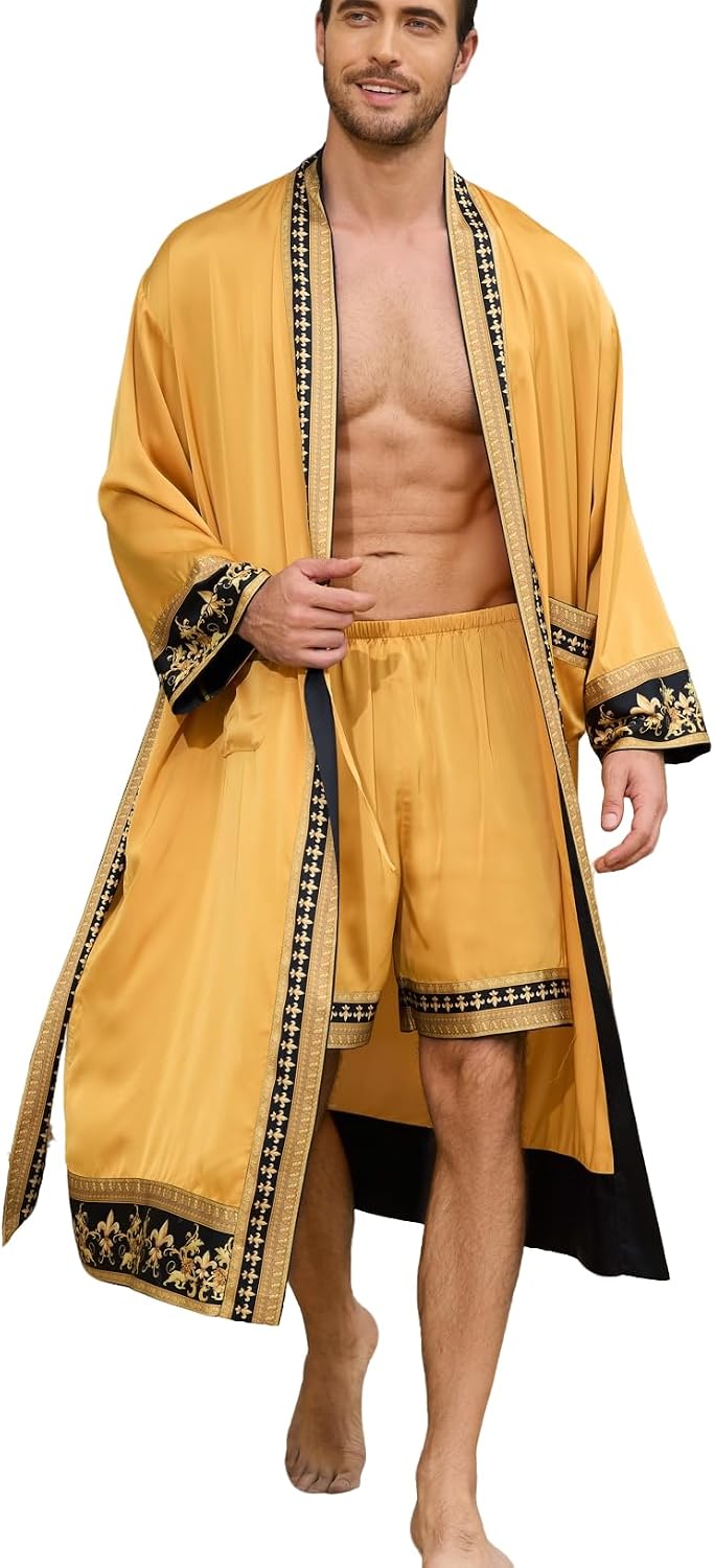 Men's Satin Robe Luxurious Kimono Bathrobe with Shorts Lightweight Soft Loungewear Nightwear with Pockets