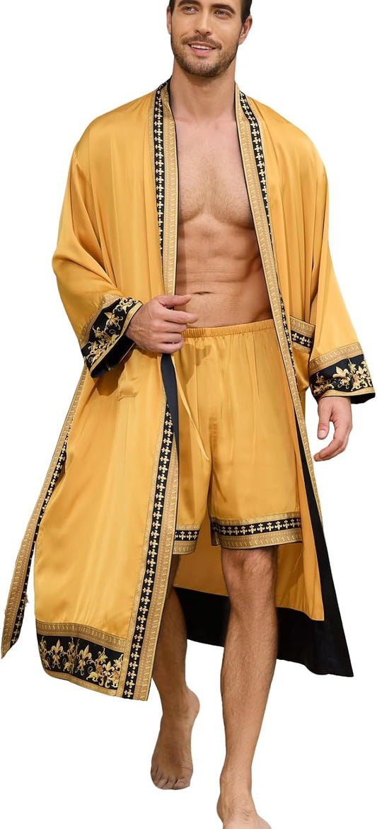 Men's Satin Robe Luxurious Kimono Bathrobe with Shorts Lightweight Soft Loungewear Nightwear with Pockets