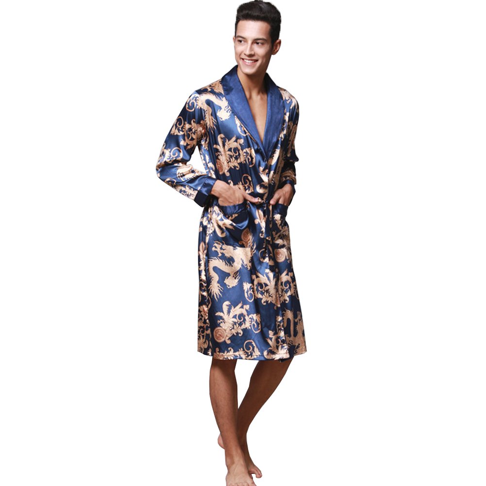 ZUEVI Men's Kimono Robe Silk Satin Long Sleeve Spa Bathrobe Lightweight Soft Silky Pajamas Robes