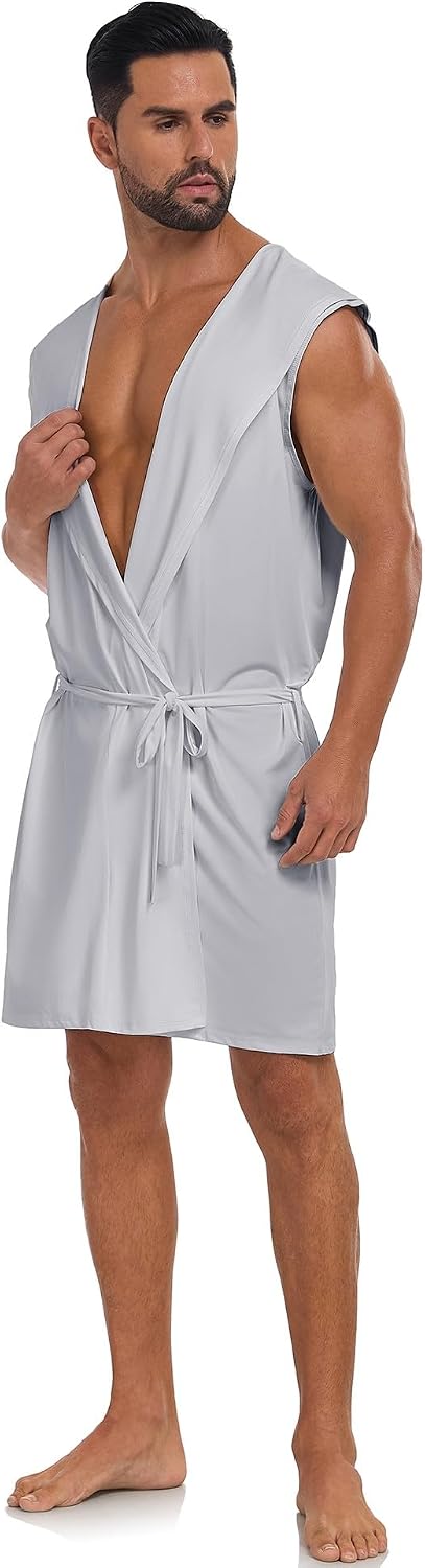 VintageClothing Men's Summer Robe with Hooded Lightweight Bathrobe House Kimono Sleeveless Sexy Sleepwear Pajamas