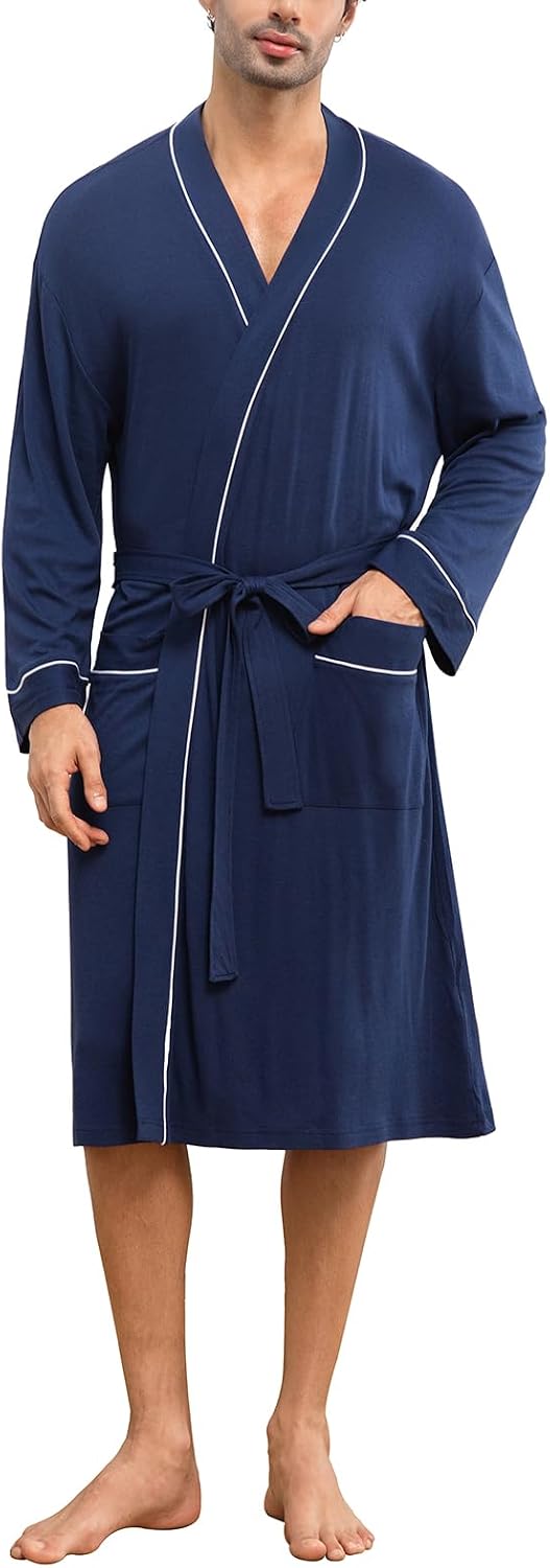 Mens Lightweight Robe Cotton Blend Kimono Bathrobe with Pockets, Soft Breathable Absorbent Loungewear for Home
