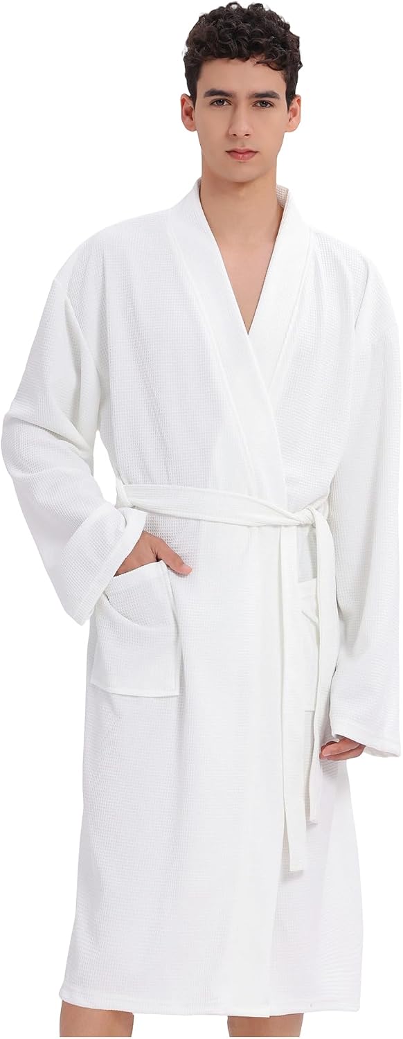 Mens Waffle Robe Spa Kimono Bathrobe Lightweight Shower Bath Robe Knee-Length Hotel Spa Robe