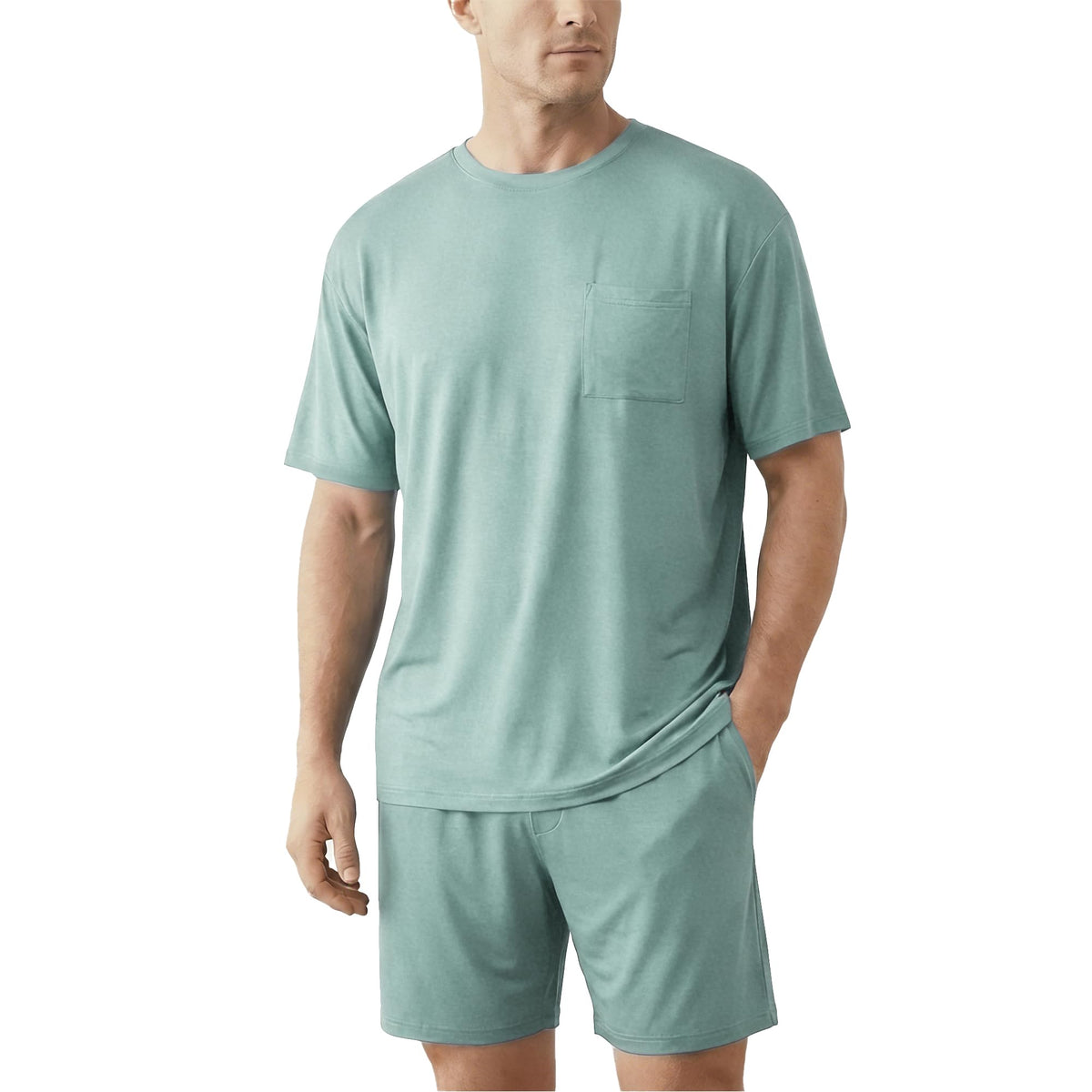 Mens Pajamas Set Cooling Viscose Made from Bamboo: Short Sleeve Shirt and Shorts, Soft Sleepwear Loungewear Summer