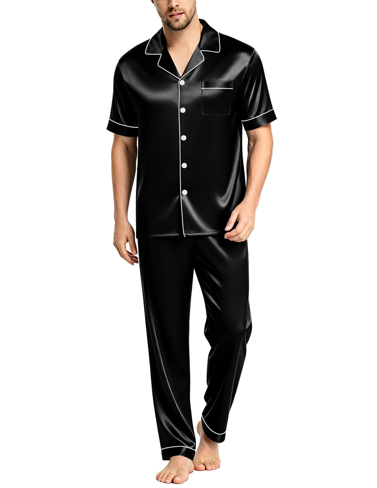 SWOMOG Mens Satin Pajama Set Short Sleeve Classic Sleepwear Button Down Silky Loungewear with Long Pants