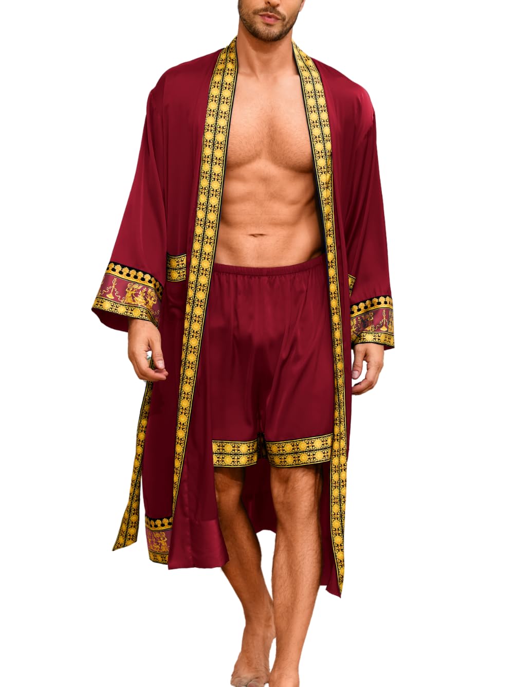 ChiaoLezhee Men's Luxury Silky Robe & Shorts Set, 2PC Lightweight Satin Pajamas with Pockets, Opulent Baroque Kimono Gifts