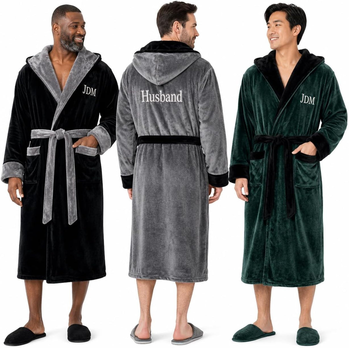 Lotus Linen Personalized Men's Plush Robe - Luxury Hooded Fleece Bathrobe with Custom Embroidery