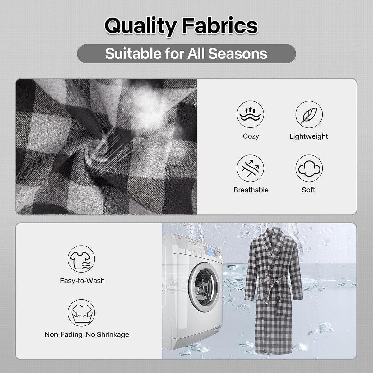 FashGudim Mens Buffalo Plaid Cotton Robe Lightweight Bathrobe Shawl Collar Kimono Sleepwear Loungewear House Robes