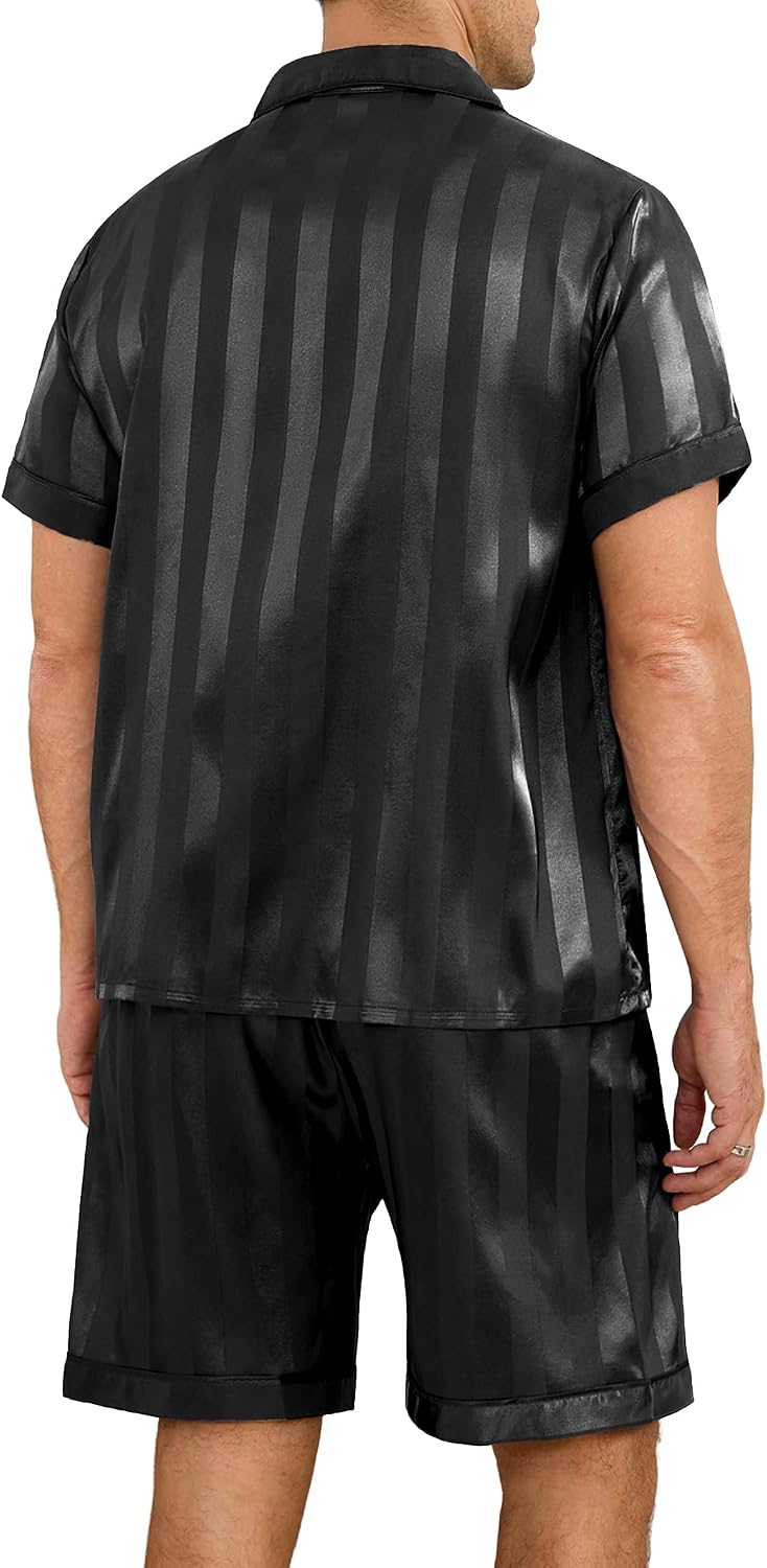 Sykooria Mens Pajamas Set Silk Satin Sleepwear 2 Piece Short Sleeve Loungewear Button Down Pj Set S-XXXL