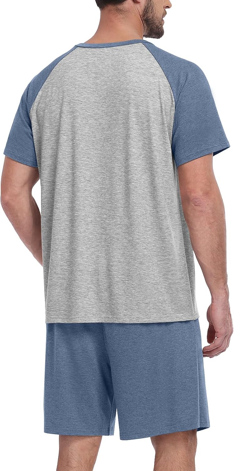 MLXSJ Mens Pajama Set Summer Pjs Sleepwear Soft Sleep Set With Pocket S-3XL
