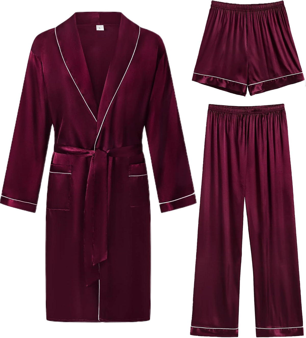 SWOMOG Men's Satin Robe 3 Pcs Silky Kimono Bathrobe Set Lightweight Soft Loungewear Nightwear