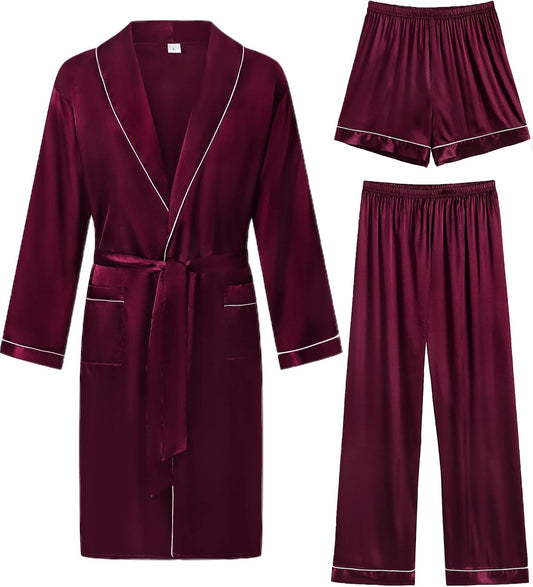 SWOMOG Men's Satin Robe 3 Pcs Silky Kimono Bathrobe Set Lightweight Soft Loungewear Nightwear