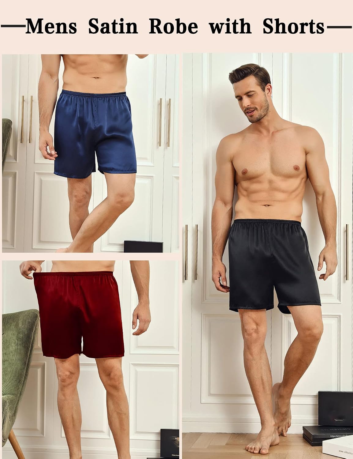 SWOMOG Men's Satin Robe with Shorts Set Silky Kimono Bathrobe Lightweight Soft Sleepwear