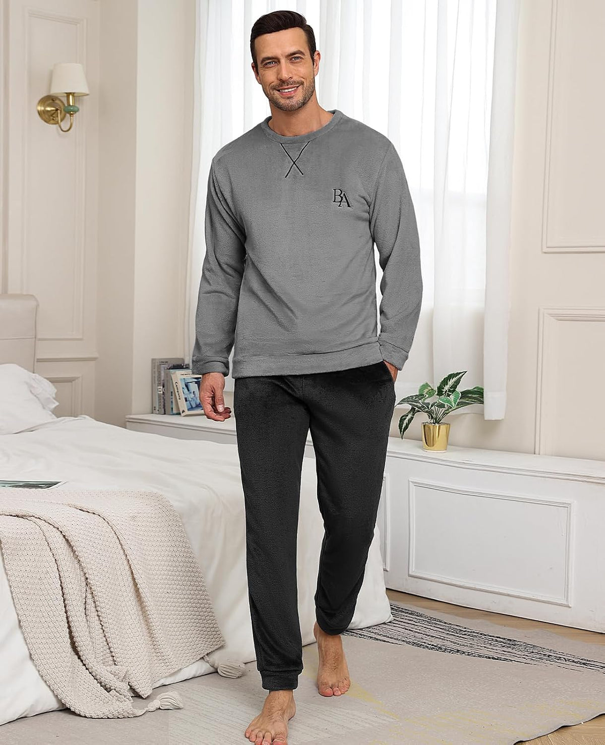 Mens Pajama Sets Fleece Pjs Winter Warm Lounge Sleepwear Soft Comfy Pajamas for Men