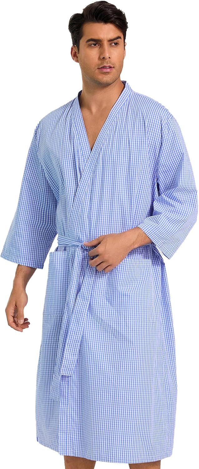 Mens Lightweight Cotton Bath Robe, Summer Bathrobe with Pockets