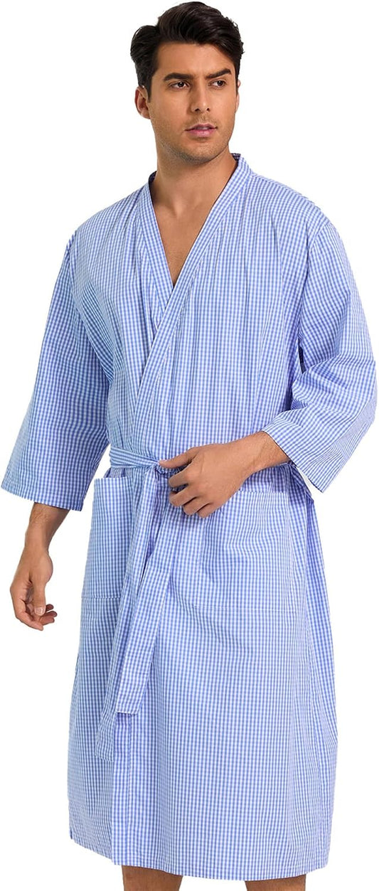 Mens Lightweight Cotton Bath Robe, Summer Bathrobe with Pockets