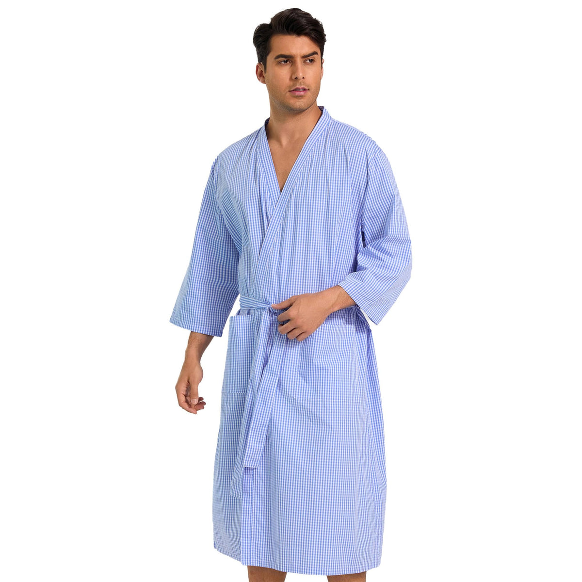 Mens Lightweight Cotton Bath Robe, Summer Bathrobe with Pockets