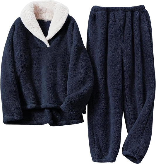 Arssm Mens Fluffy Pajamas Set 2 Piece Winter Fleece Pjs