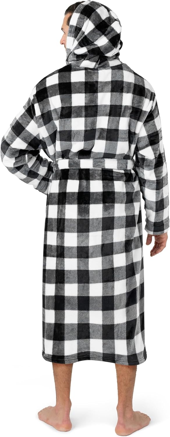 PAVILIA Mens Fleece Robe, Hooded Bathrobe with Shawl Collar, Pockets & Belt