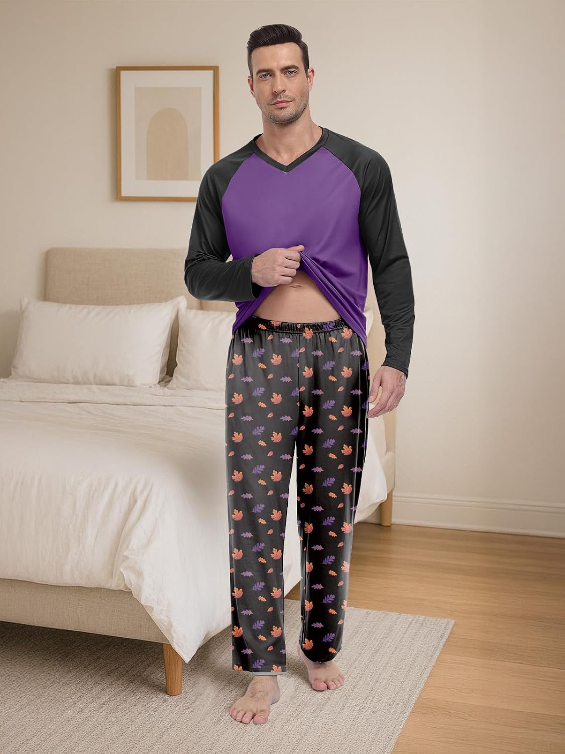 Feiersi Men's Pajama Set Soft Long Sleeve Pjs Sets V-neck Loungewear Shirts