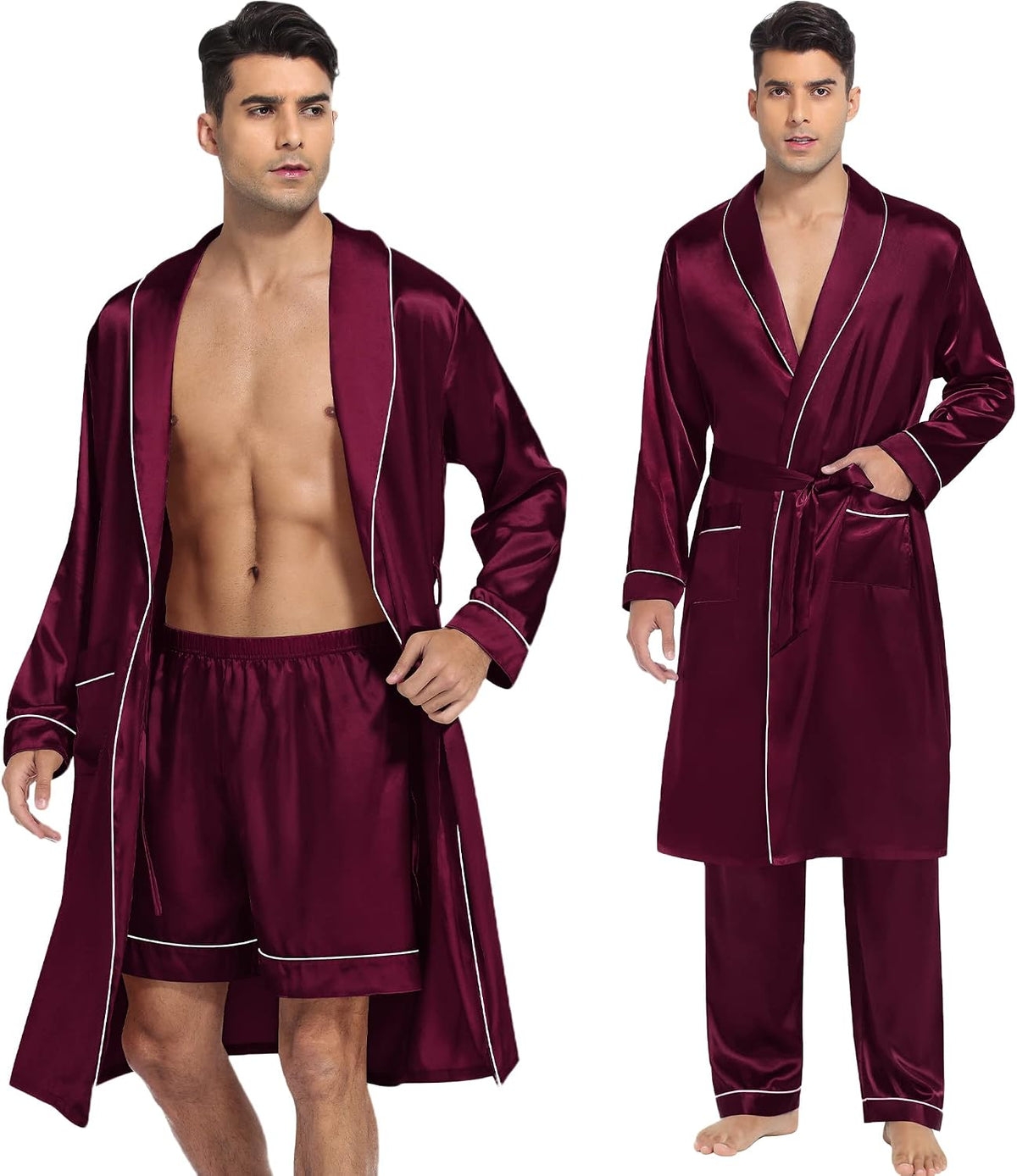 SWOMOG Men's Satin Robe 3 Pcs Silky Kimono Bathrobe Set Lightweight Soft Loungewear Nightwear