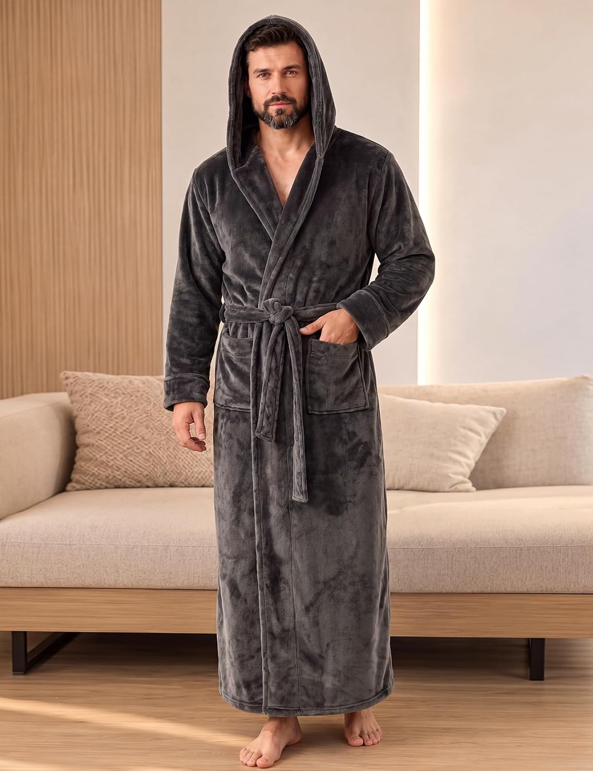 Gihuo Mens Long Robes Full Length Plush Hooded Bathrobe