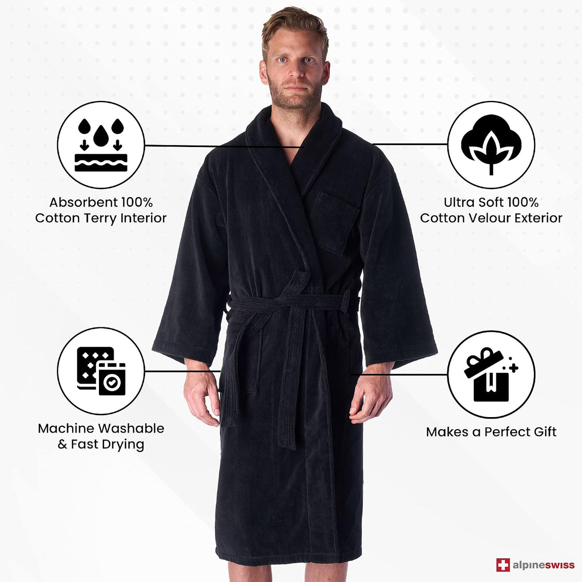 Alpine Swiss Pure Cotton Mens Terry Cloth Bathrobe Super Absorbent Spa Robe
