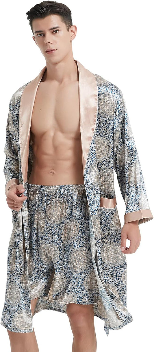 Haseil Men's Luxurious Kimono Robe with Shorts Silk Satin Bathrobes Lightweight Long Sleeve Sleepwear Set