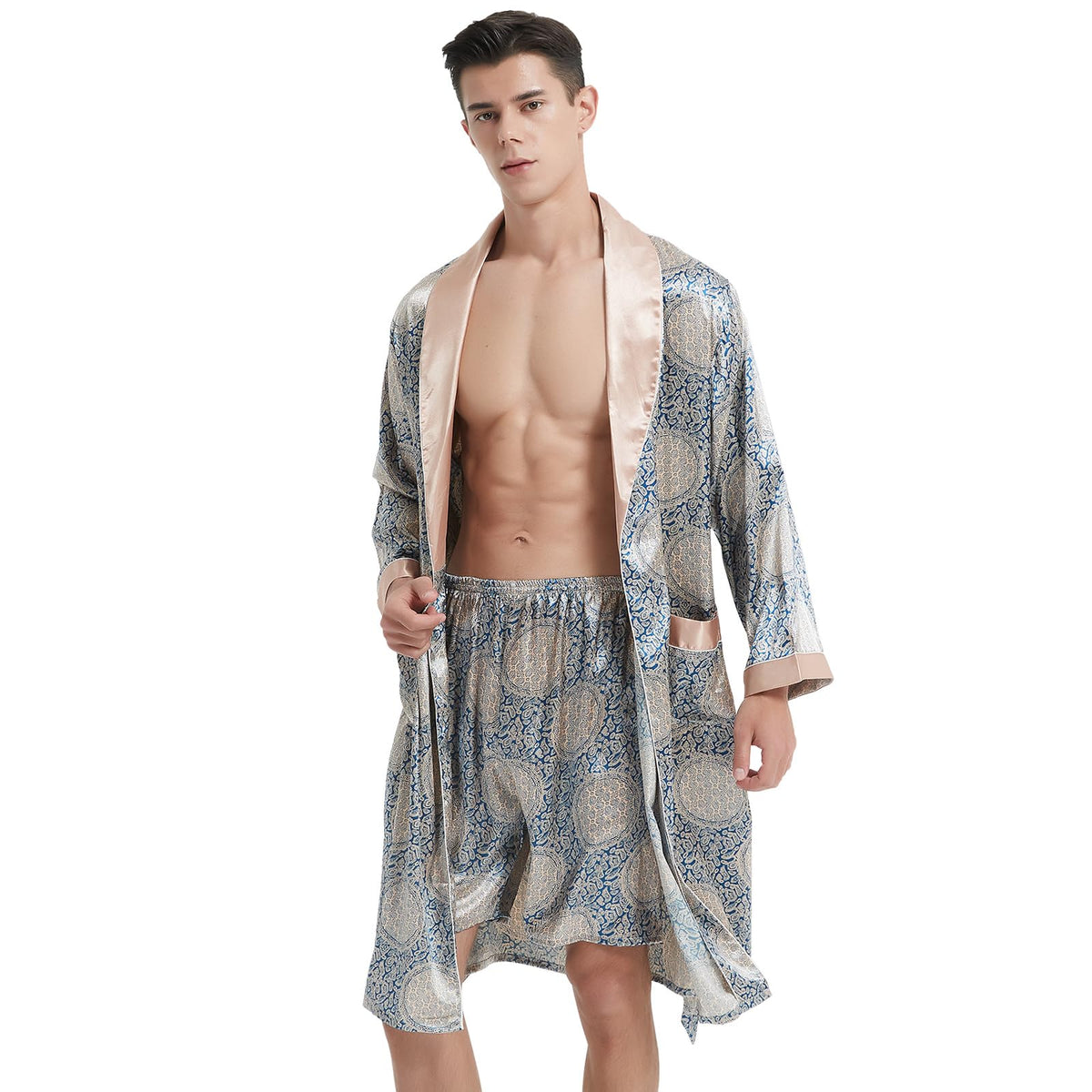 Haseil Men's Luxurious Kimono Robe with Shorts Silk Satin Bathrobes Lightweight Long Sleeve Sleepwear Set