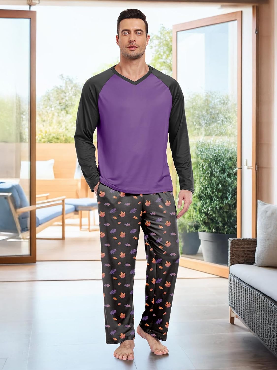 Feiersi Men's Pajama Set Soft Long Sleeve Pjs Sets V-neck Loungewear Shirts
