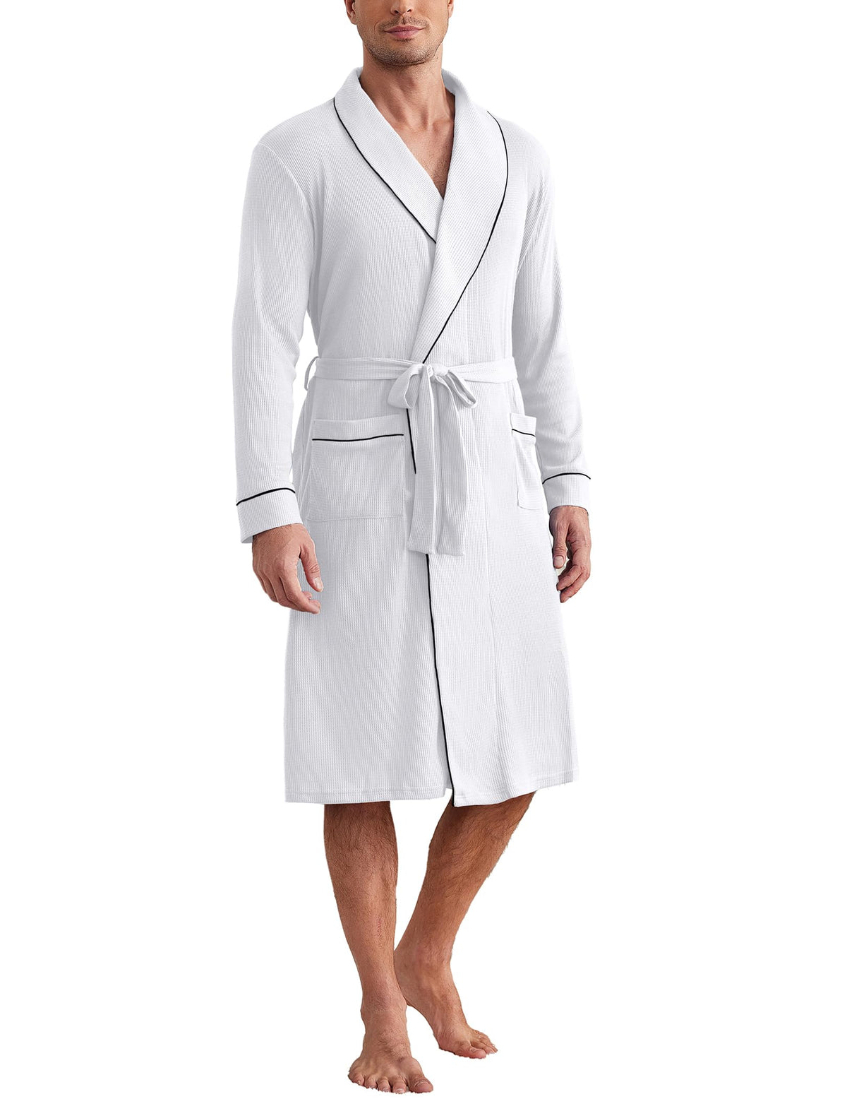 Ekouaer Mens Robes Lightweight Waffle Knit Kimono Bathrobe Long Sleeve Sleepwear Soft Knee Length Robe with Pockets
