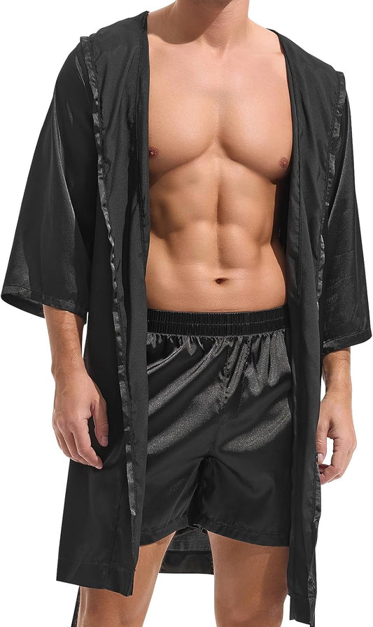AMY COULEE Mens Sexy Satin Robe with Shorts 2 Pcs