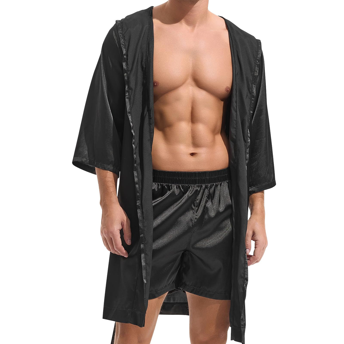 AMY COULEE Mens Sexy Satin Robe with Shorts 2 Pcs