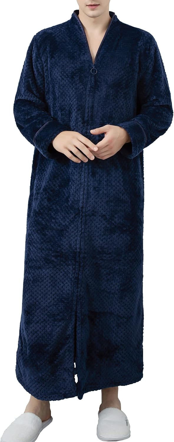 Locachy Men's Flannel Zip Bathrobes Soft Warm Long Fleece Plush Robe Housecoats Nightgown Sleepwear